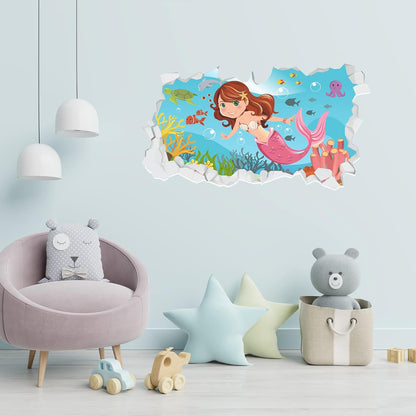 Mermaid in Ocean Broken Wall Sticker Kids Bedroom Art Decal Mural