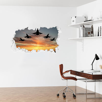 5 Planes Flying at Sunset Broken Wall Sticker Kids Bedroom Art Decal Mural