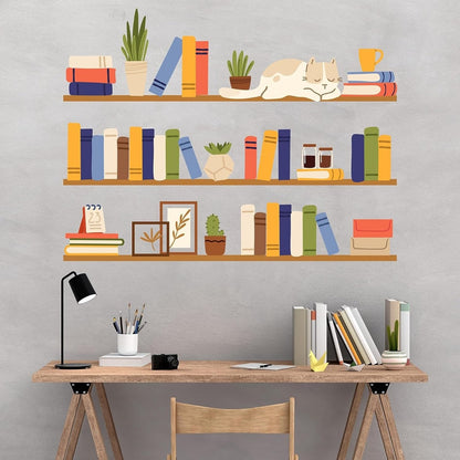 Shelves Books Plants Cat Wall Sticker