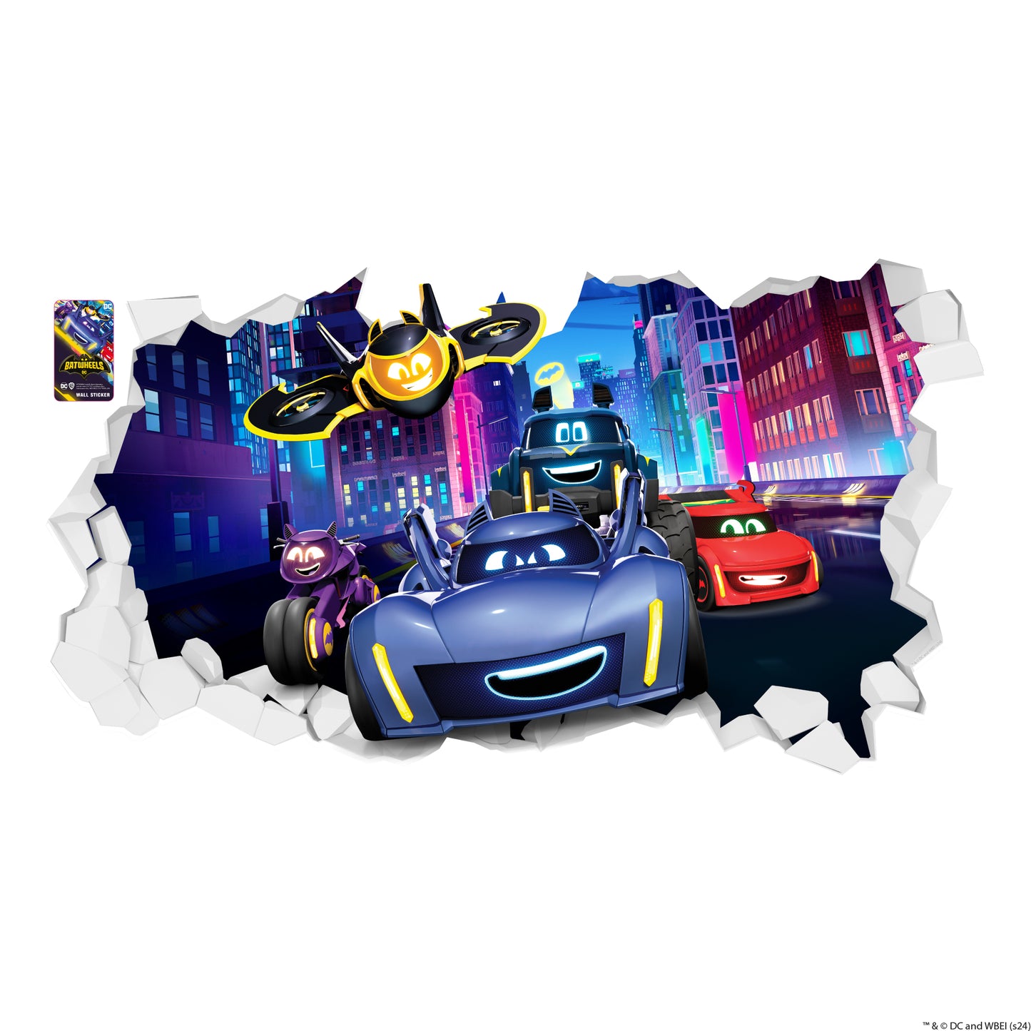 Batwheels™ Wall Sticker - Group Driving Through City Broken Wall Decal DC Superhero Art