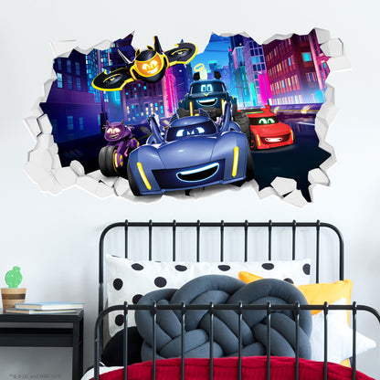 Batwheels™ Wall Sticker - Group Driving Through City Broken Wall Decal DC Superhero Art