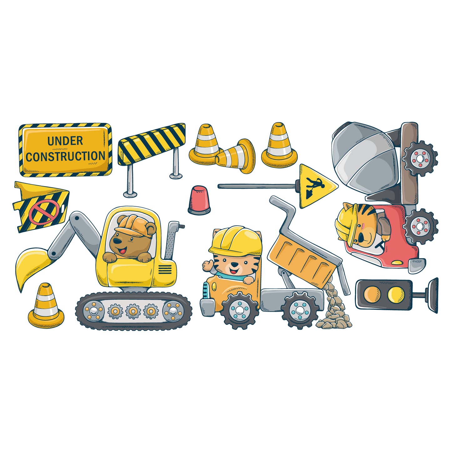 Construction Wall Sticker - Construction Truck Animals Wall Sticker Decal Set