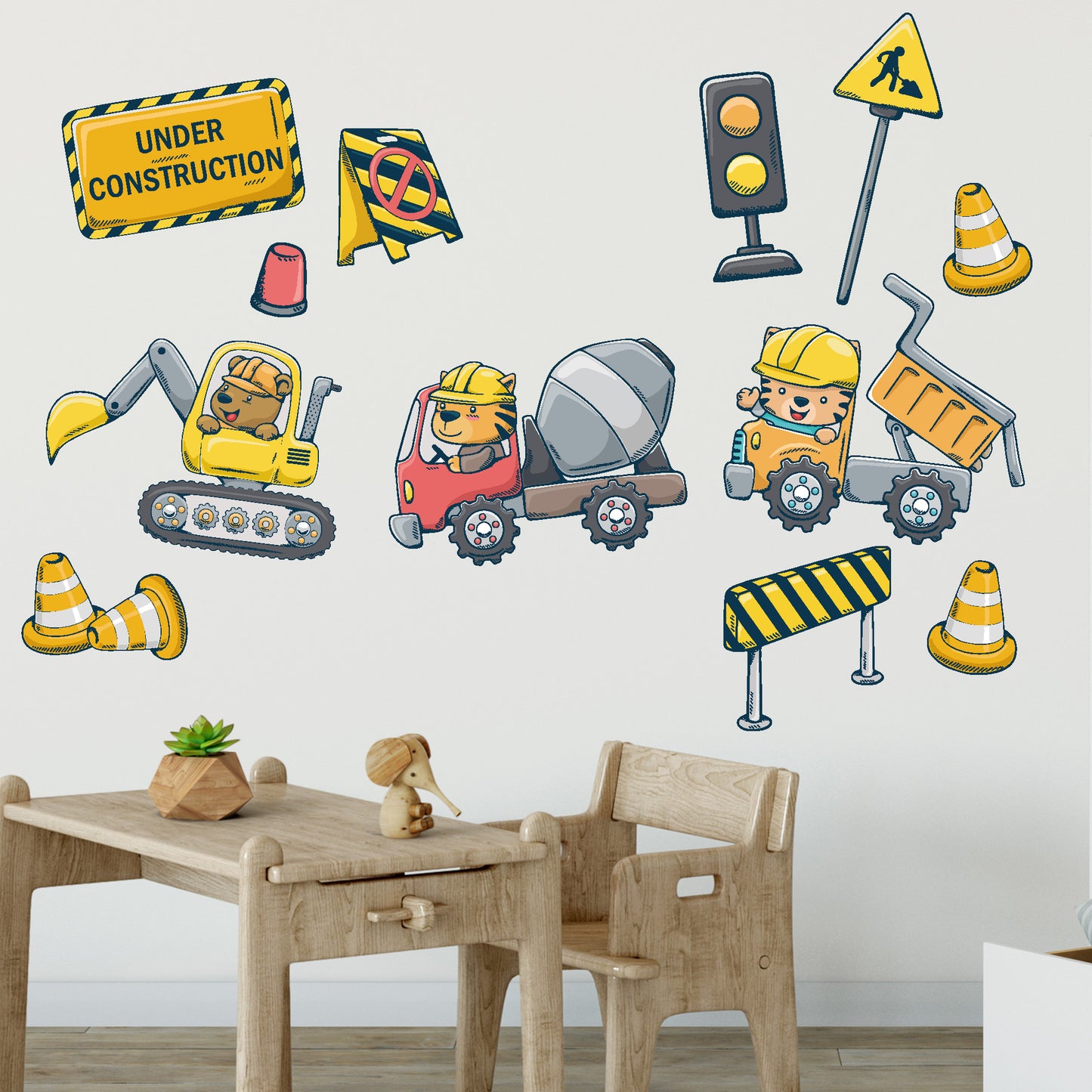 Construction Wall Sticker - Construction Truck Animals Wall Sticker Decal Set