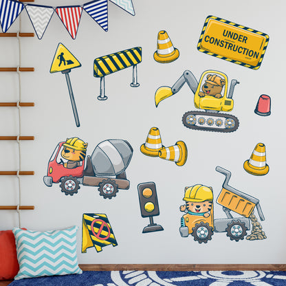 Construction Wall Sticker - Construction Truck Animals Wall Sticker Decal Set