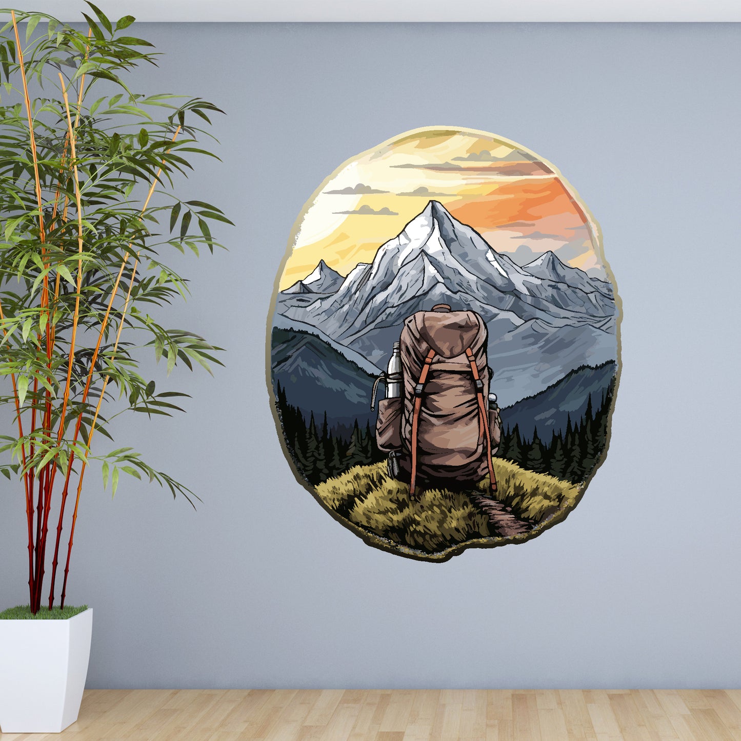 Hiking Wall Sticker - Hiking Bag And Mountain Decal Wall Art