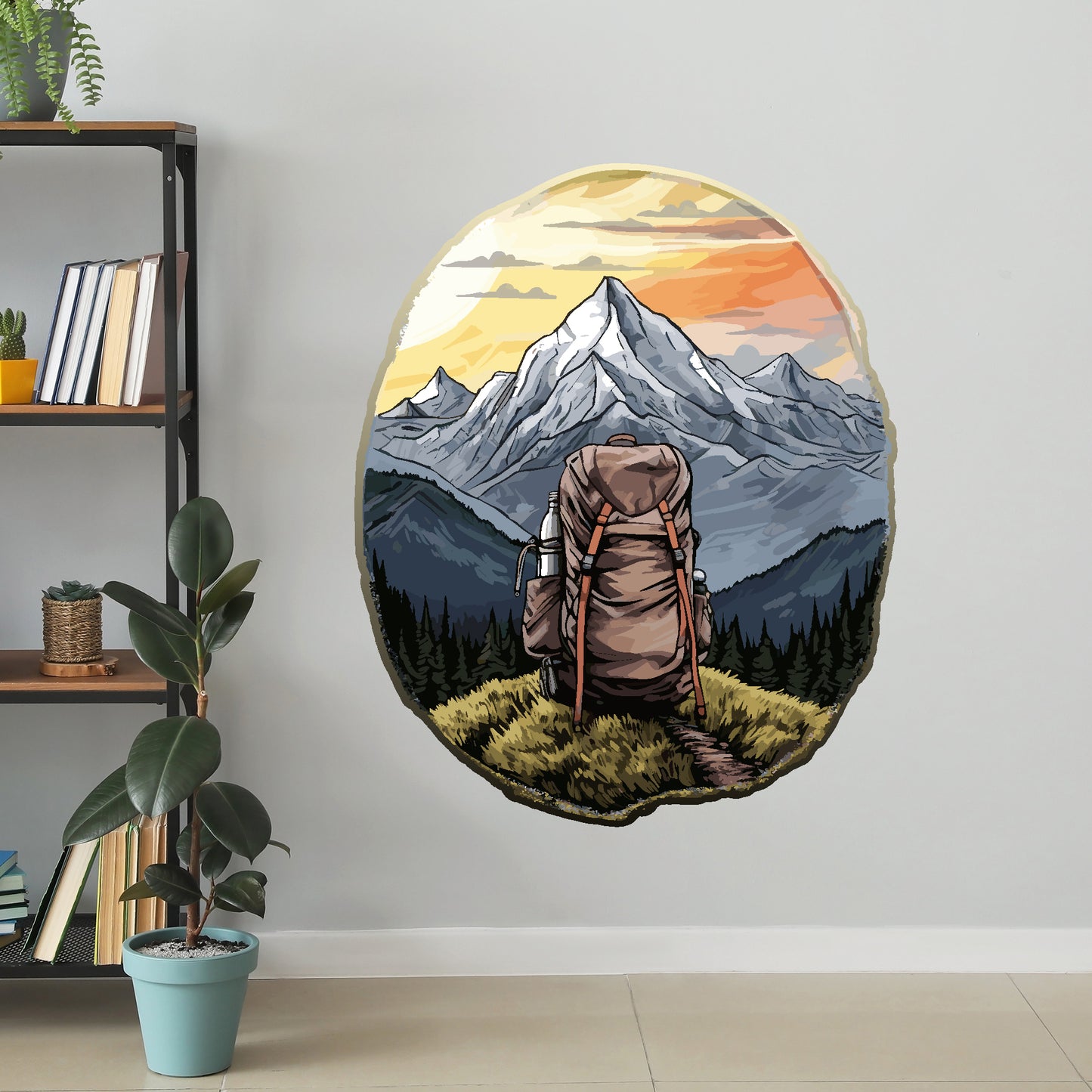 Hiking Wall Sticker - Hiking Bag And Mountain Decal Wall Art