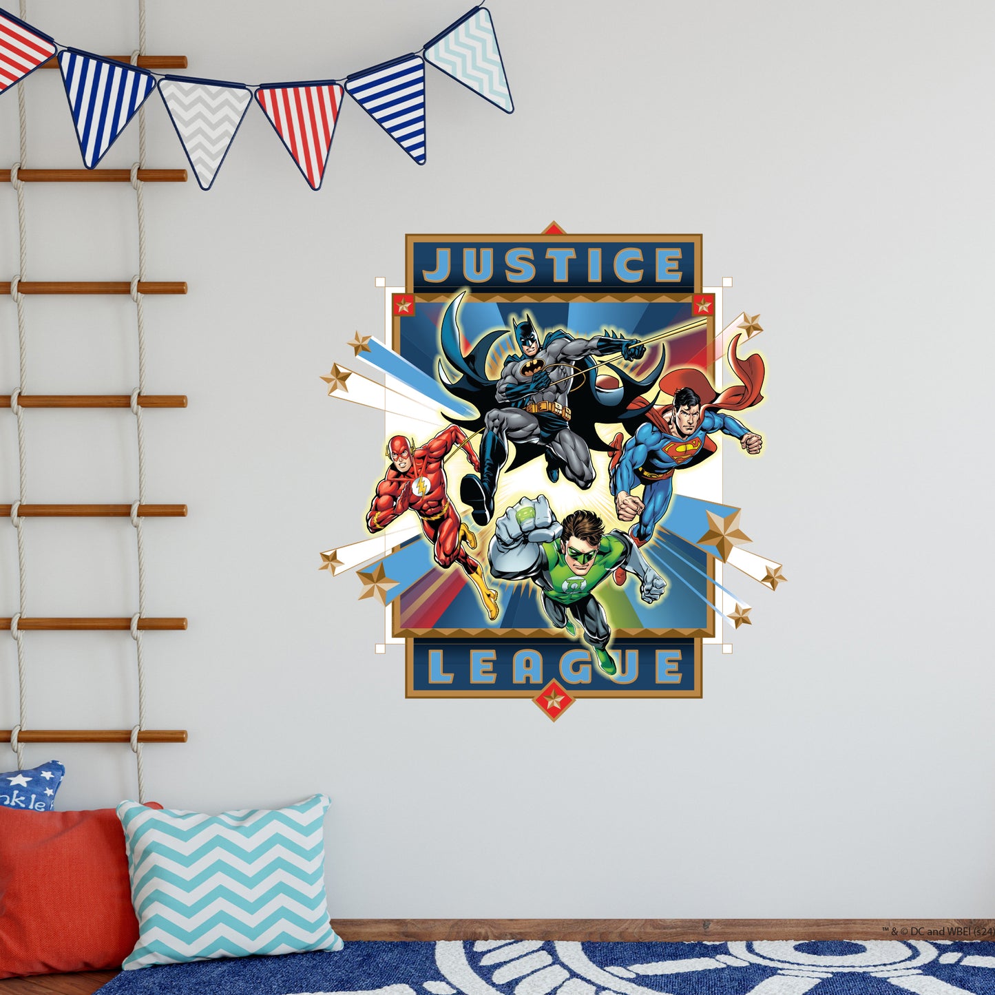 Justice League Wall Sticker - 4 Heroes Bursting Through Frame Wall Decal DC Superhero Art