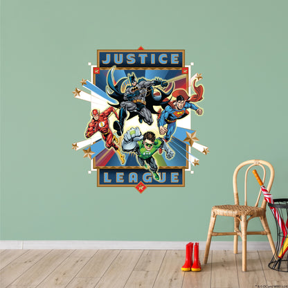 Justice League Wall Sticker - 4 Heroes Bursting Through Frame Wall Decal DC Superhero Art