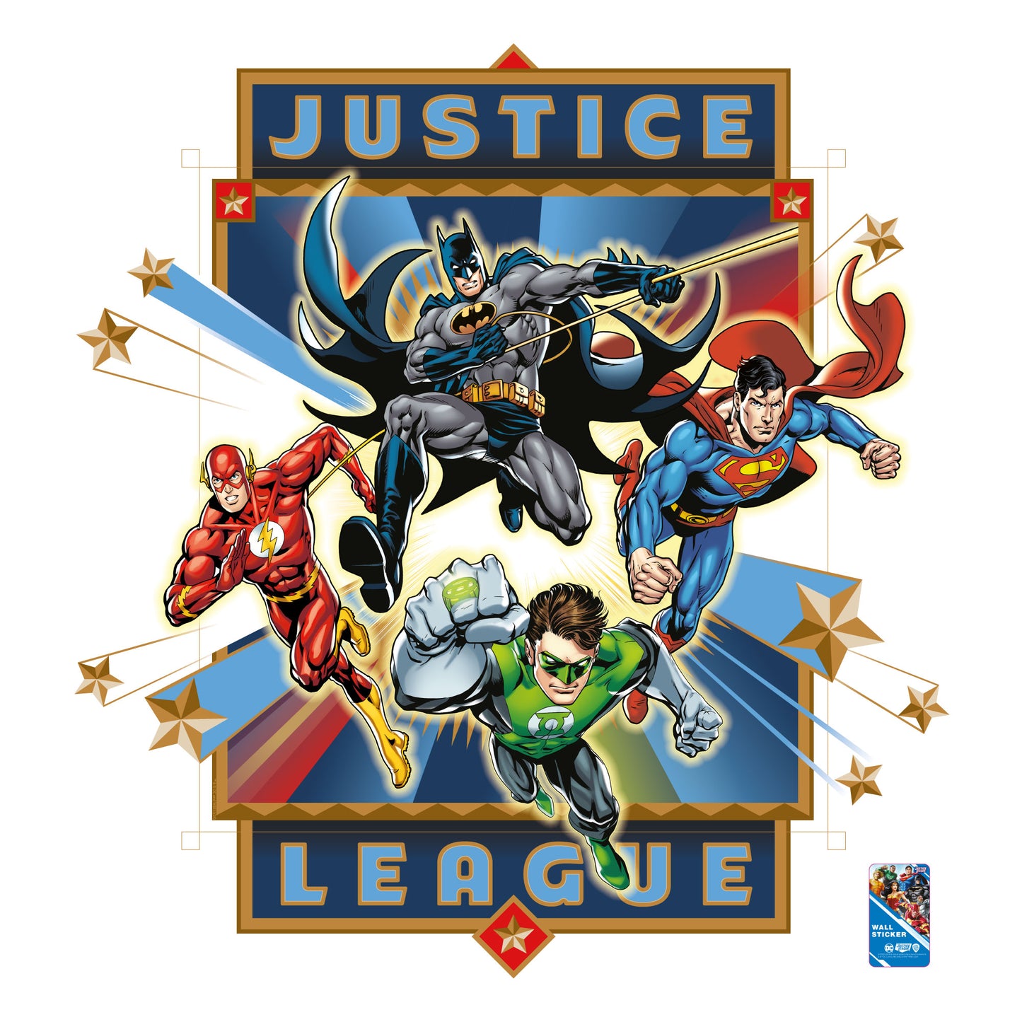 Justice League Wall Sticker - 4 Heroes Bursting Through Frame Wall Decal DC Superhero Art