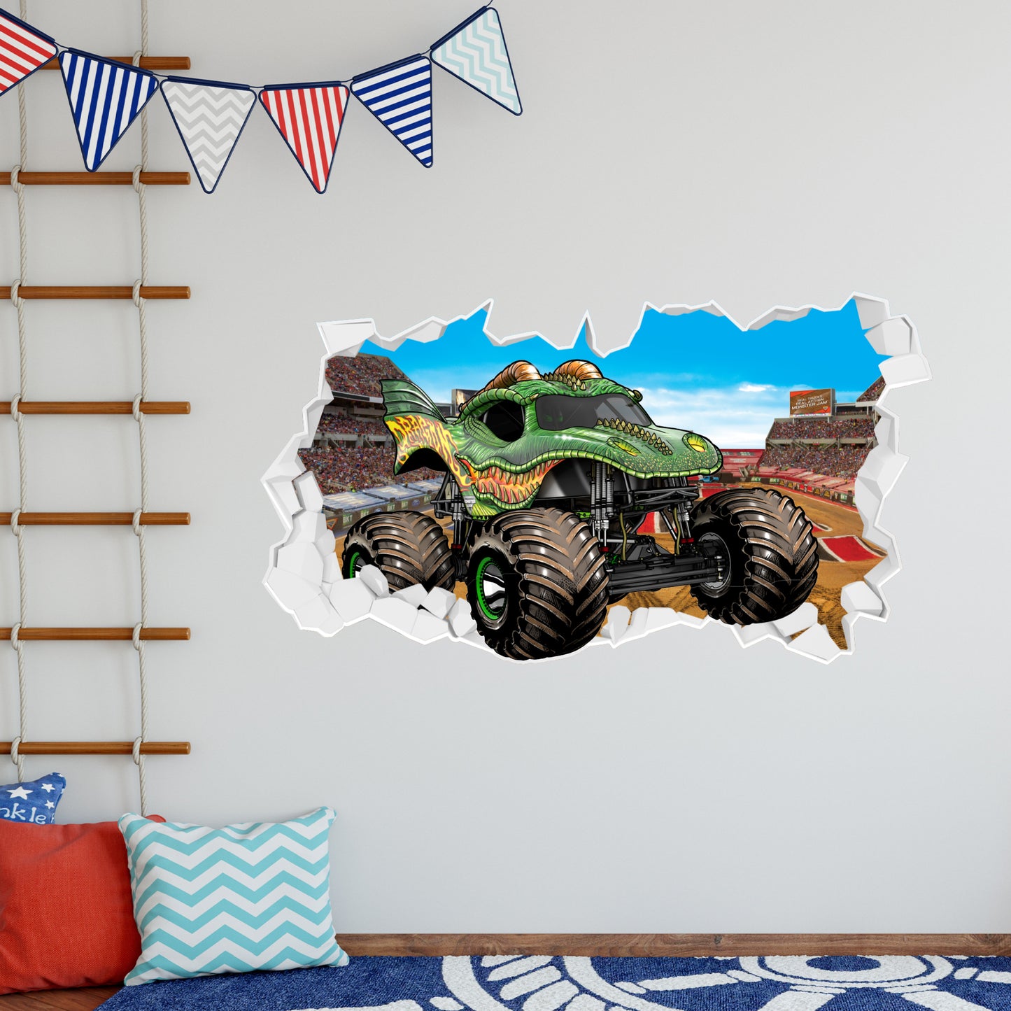 Monster Jam Wall Sticker - Dragon Driving Through Broken Wall Decal Art