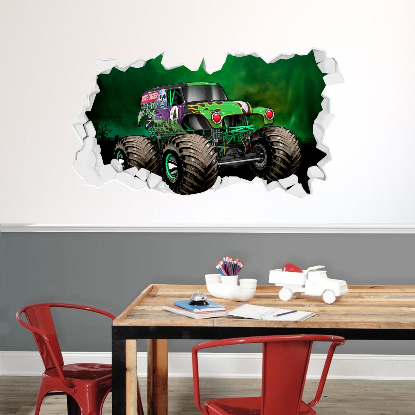 Monster Jam Wall Sticker - Grave Digger Driving Through Broken Wall Decal Art