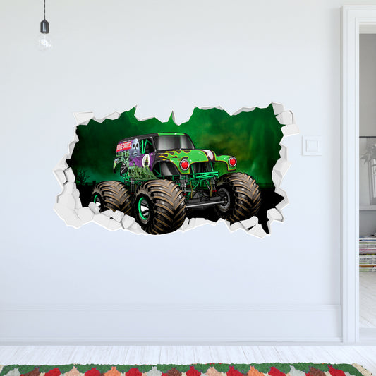 Monster Jam Wall Sticker - Grave Digger Driving Through Broken Wall Decal Art