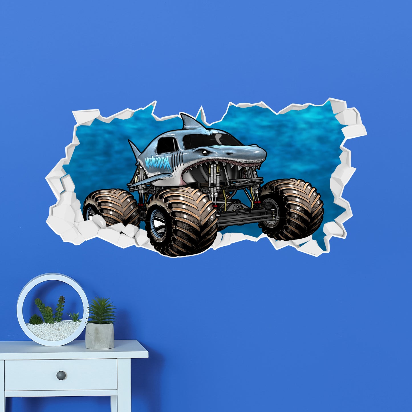 Monster Jam Wall Sticker - Megalodon Driving Through Broken Wall Decal Art