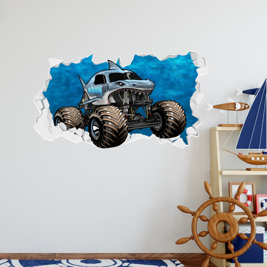 Monster Jam Wall Sticker - Megalodon Driving Through Broken Wall Decal Art