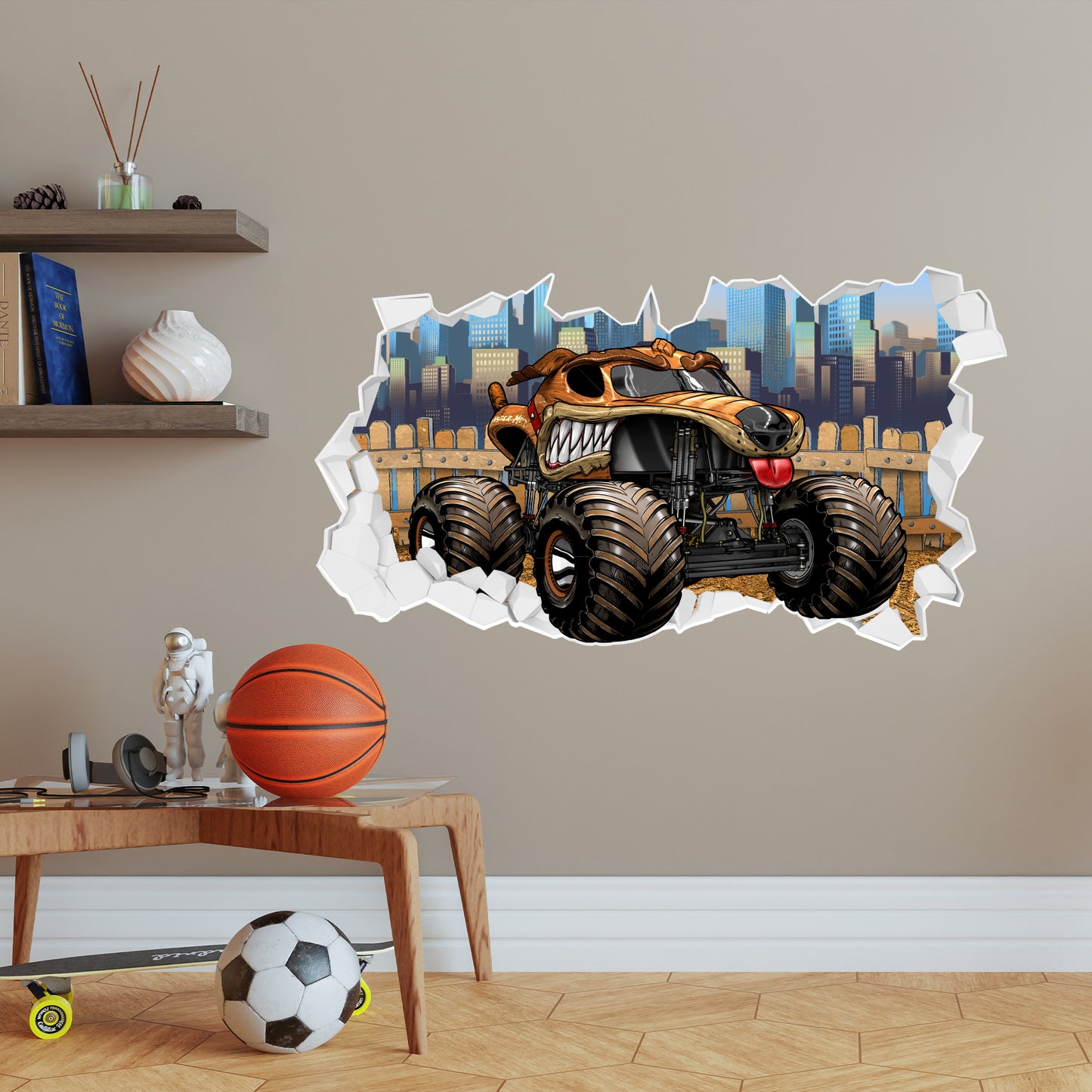 Monster Jam Wall Sticker - Monster Mutt Driving Through Broken Wall Decal Art