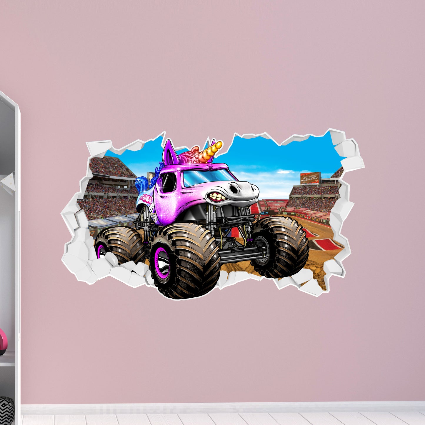 Monster Jam Wall Sticker - Sparkle Smash Driving Through Broken Wall Decal Art