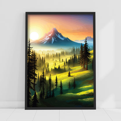 Mountain Wall Print - Grass and Trees Sunset Poster Wall Art