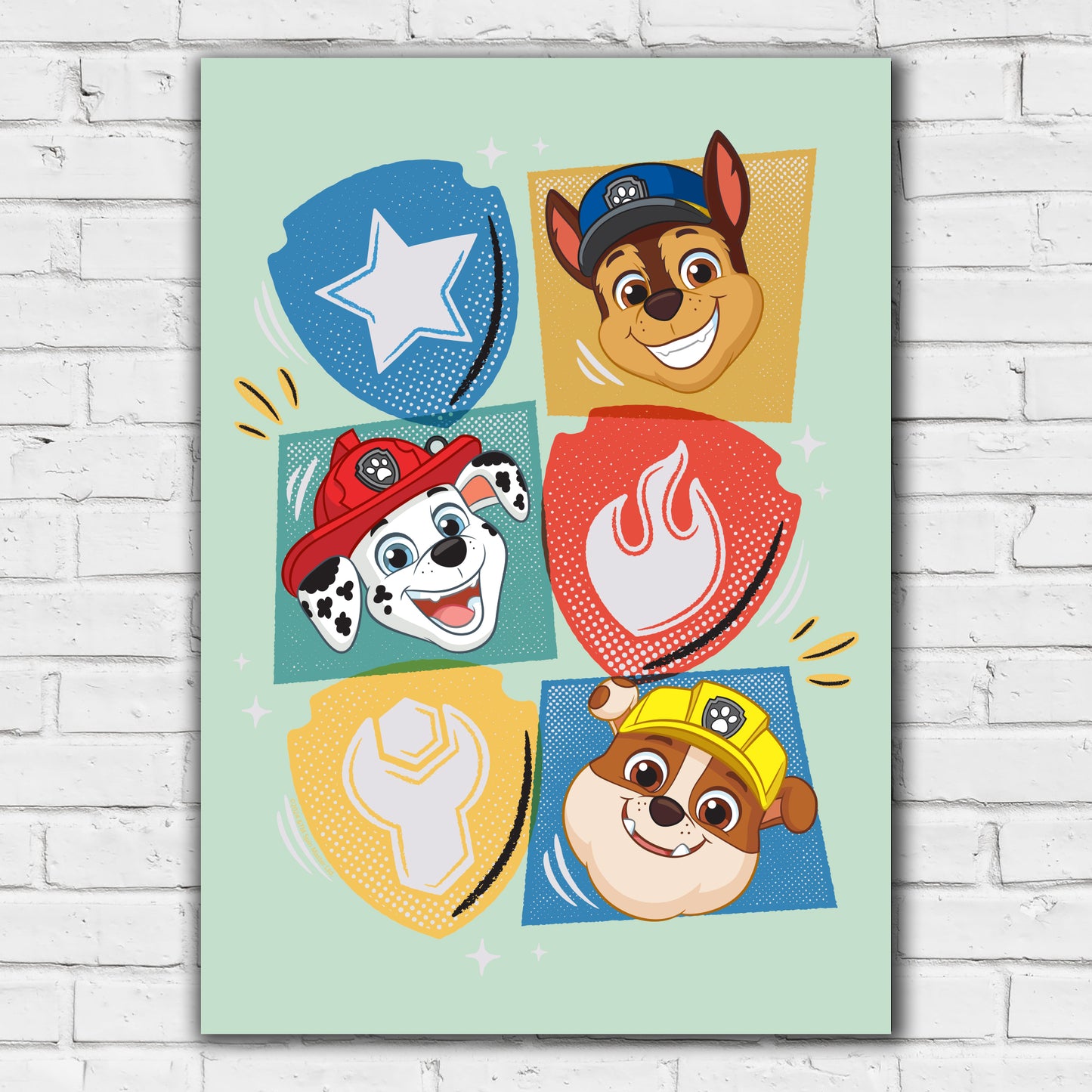 Paw Patrol Print - Chase Marshall and Rubble Heads and Icons Poster Wall Art