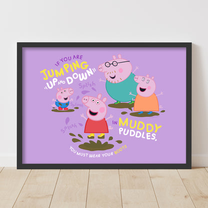 Peppa Pig Print - Peppa and Family Jumping in Muddy Puddles Poster Wall Art