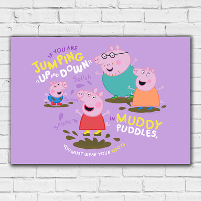 Peppa Pig Print - Peppa and Family Jumping in Muddy Puddles Poster Wall Art