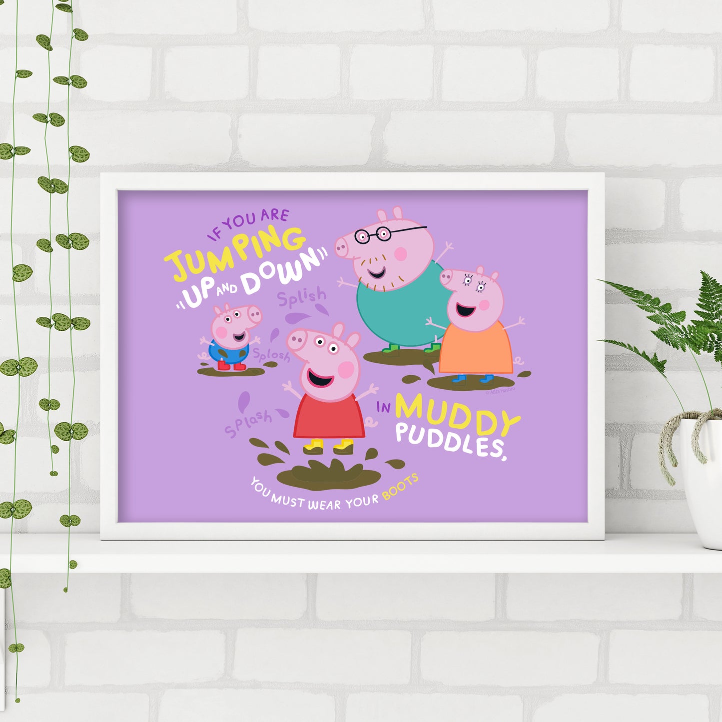 Peppa Pig Print - Peppa and Family Jumping in Muddy Puddles Poster Wall Art