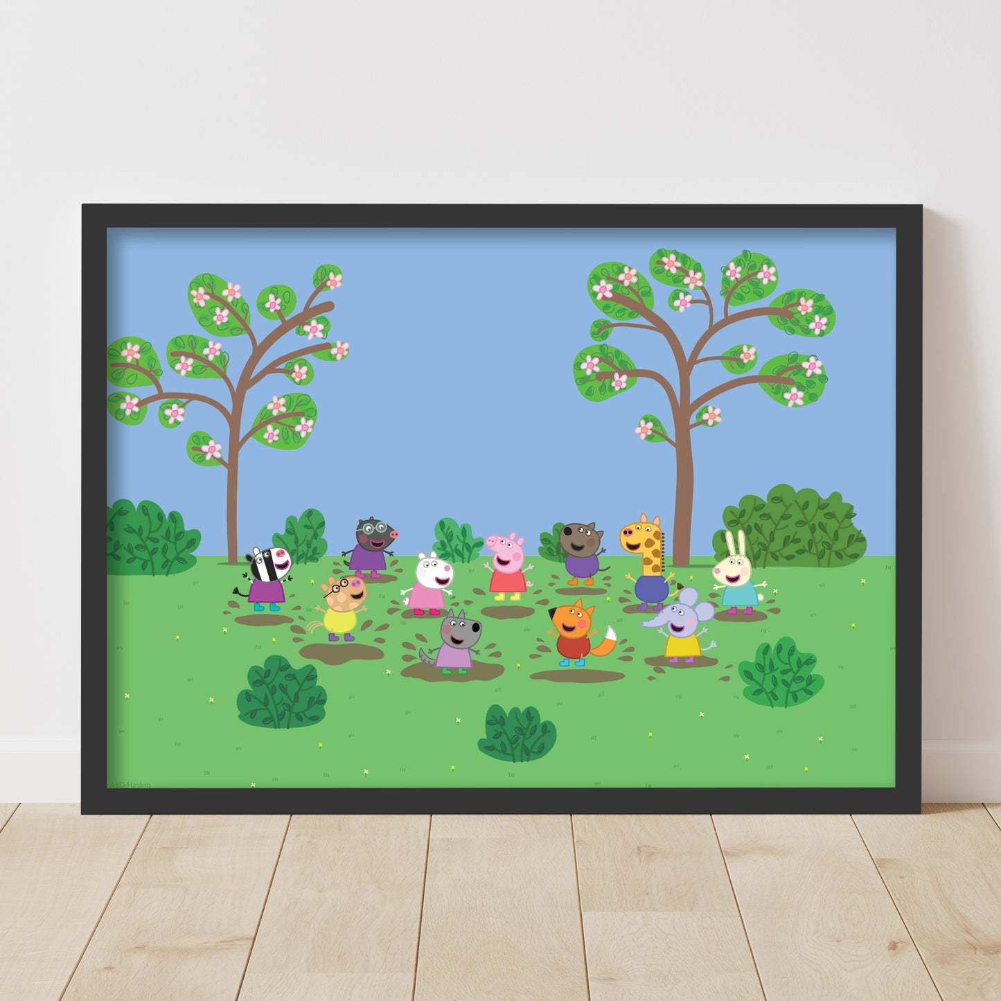 Peppa Pig Print - Peppa and Friends Jumping In Muddy Puddles Scene Poster Wall Art