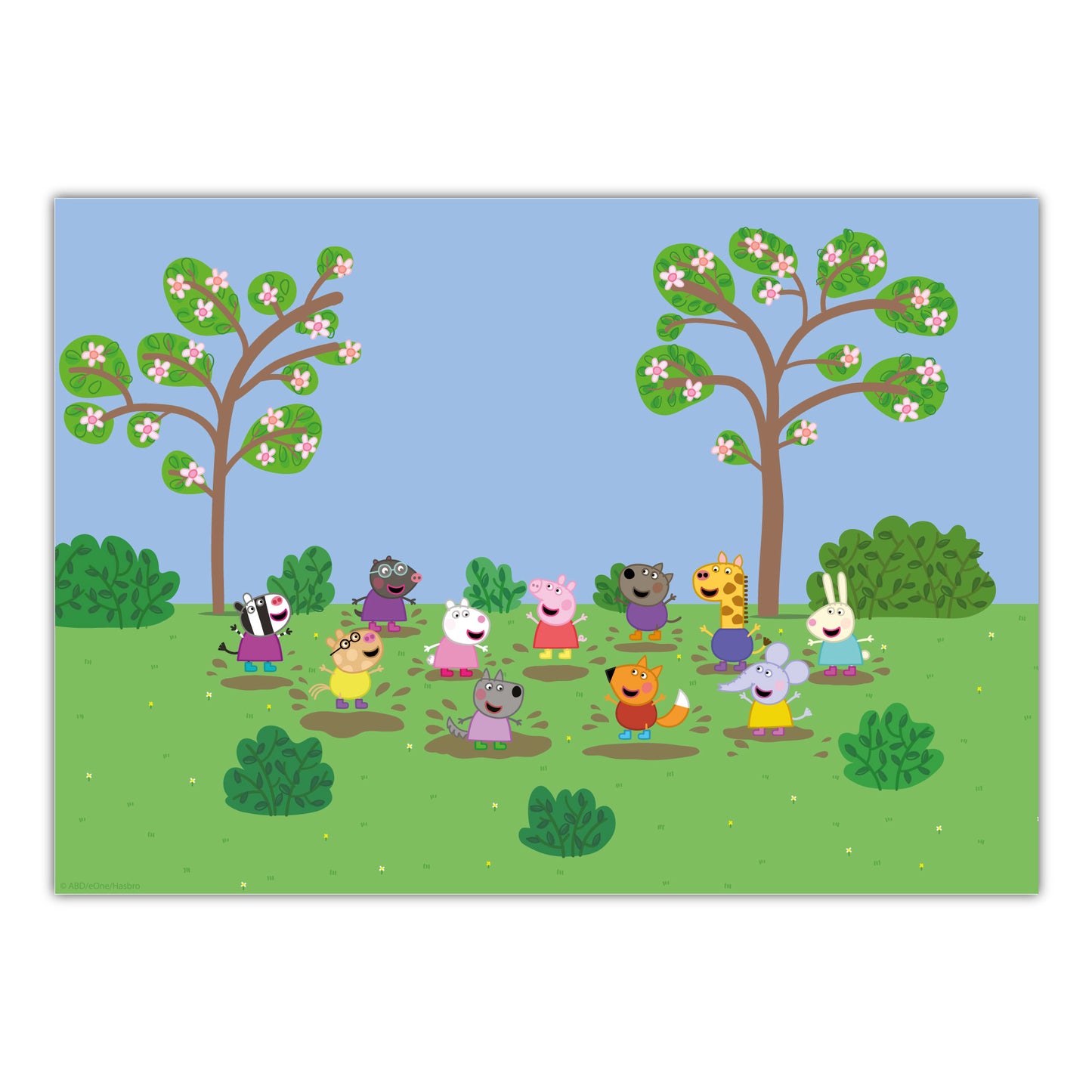 Peppa Pig Print - Peppa and Friends Jumping In Muddy Puddles Scene Poster Wall Art