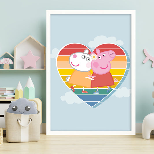 Peppa Pig Print - Peppa and Suzy Rainbow Heart and Clouds Poster Wall Art