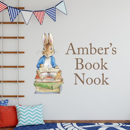 Peter Rabbit Wall Sticker - Peter Rabbit Sitting on Stack of Books Personalised Decal Wall Art