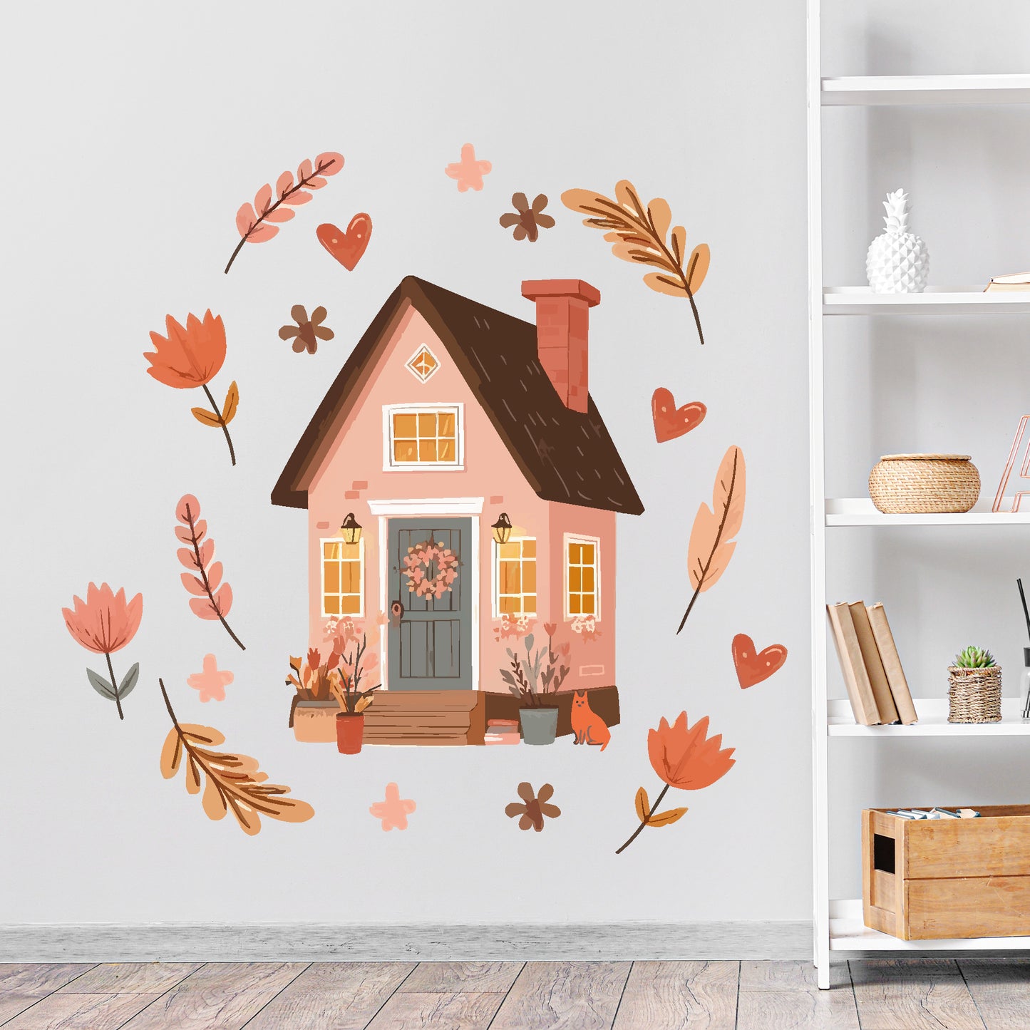 Home Wall Sticker - Pink House And Florals Decal Wall Art Set