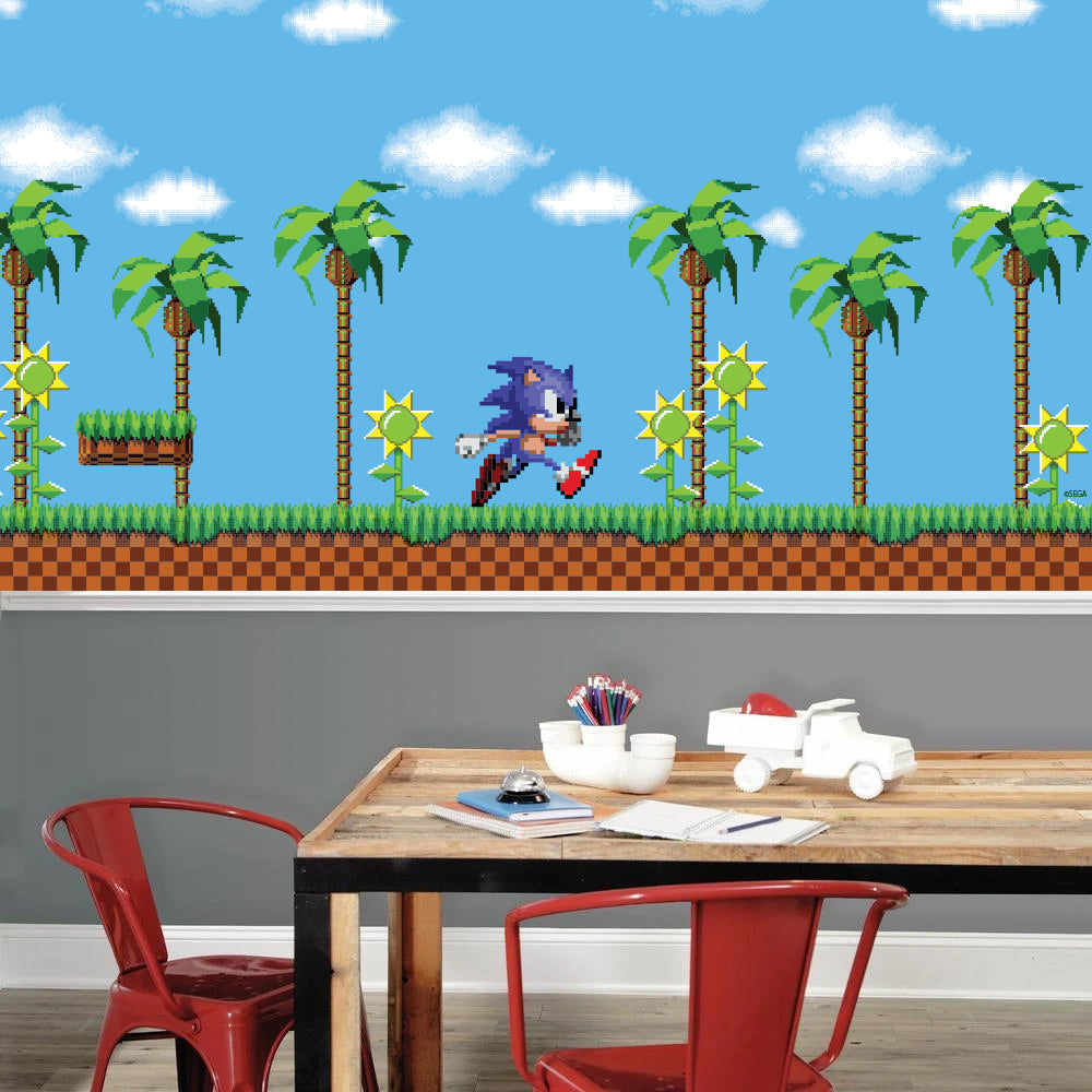 Sonic The Hedgehog Full Wall Mural - Pixel Sonic Running Through Game World Wall Art