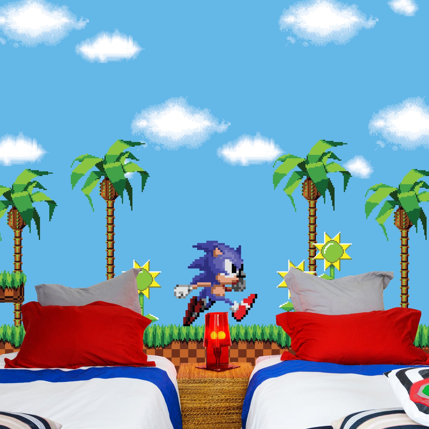 Sonic The Hedgehog Full Wall Mural - Pixel Sonic Running Through Game World Wall Art