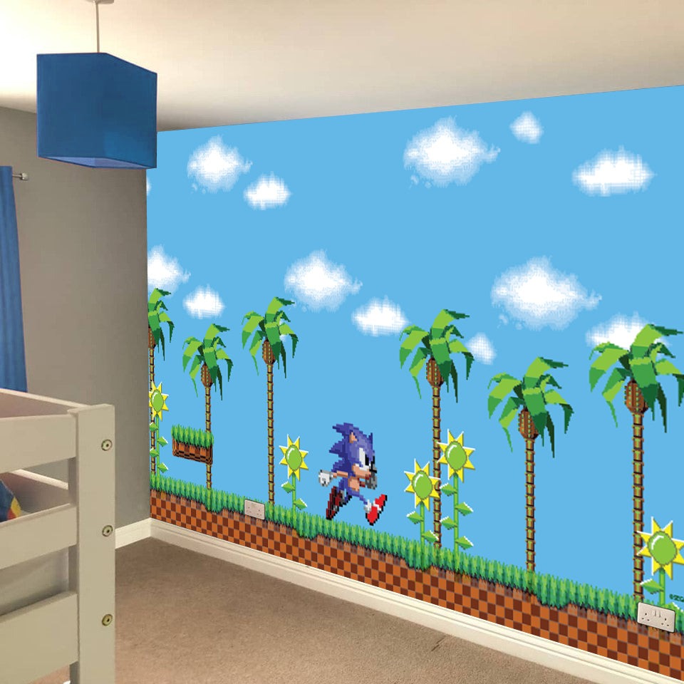 Sonic The Hedgehog Full Wall Mural - Pixel Sonic Running Through Game World Wall Art