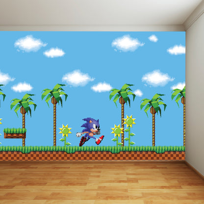 Sonic The Hedgehog Full Wall Mural - Pixel Sonic Running Through Game World Wall Art