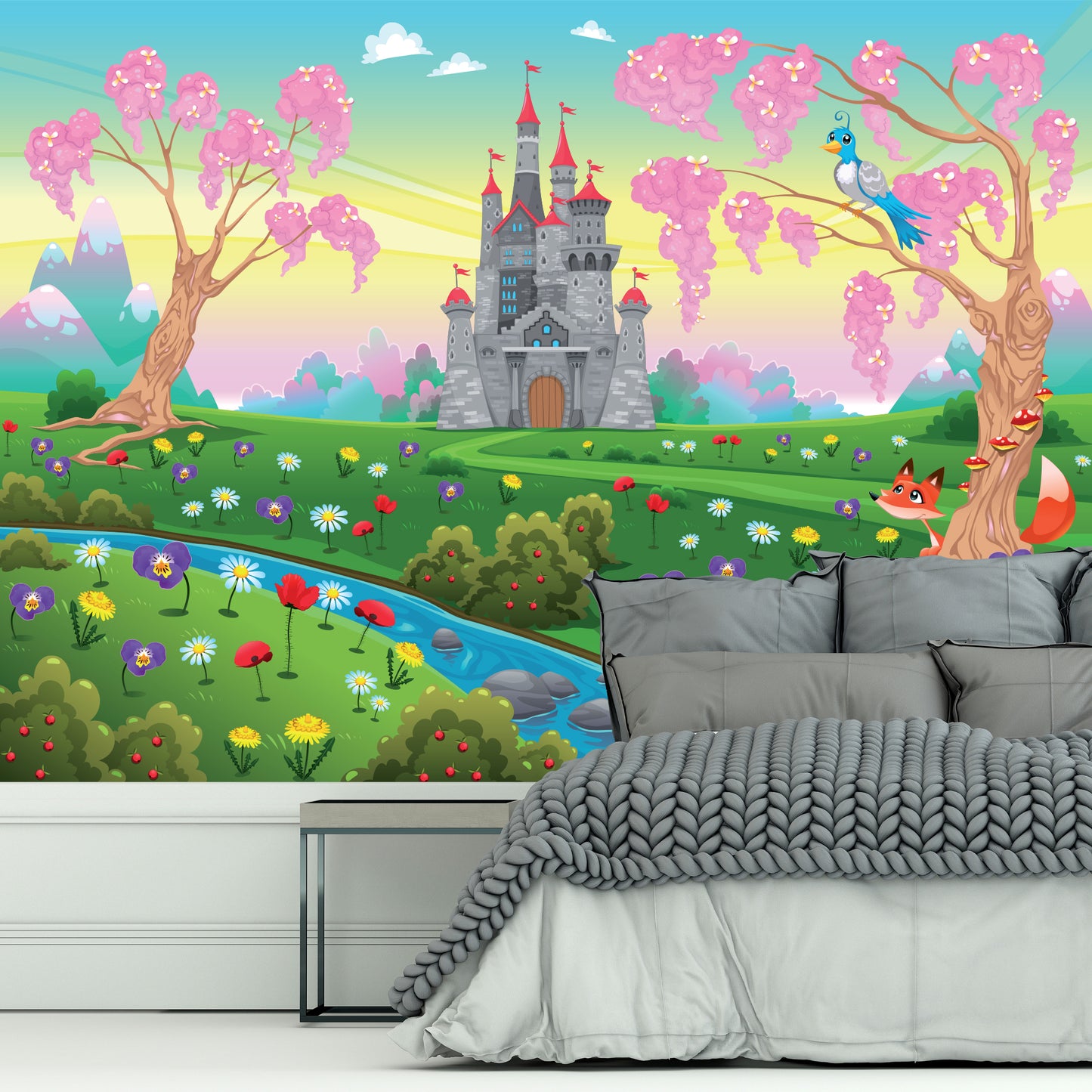 Princess Full Wall Mural - Castle Stream Flowers Wall Art