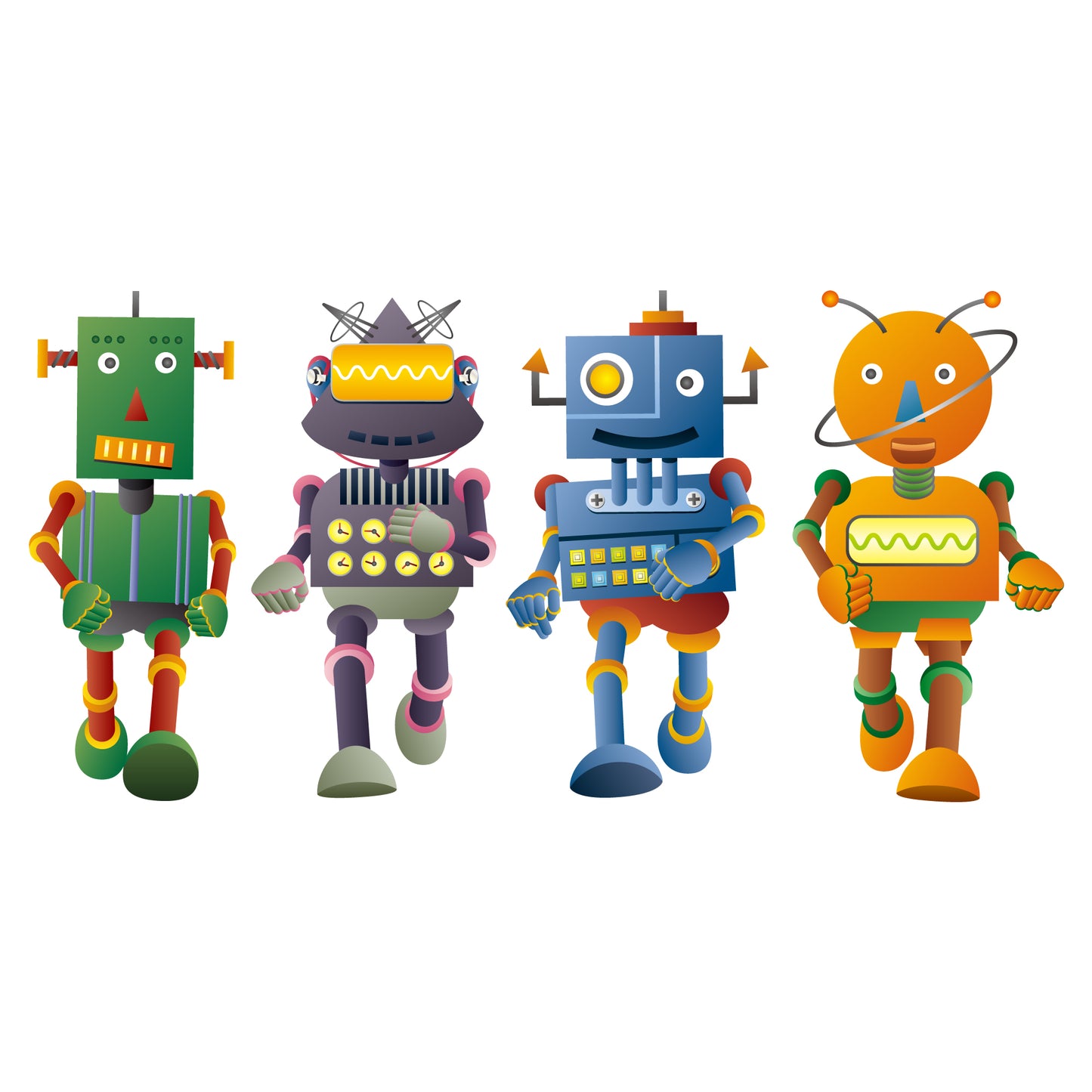 Robot Wall Sticker - Set of Four Walking Robots Decal Wall Art