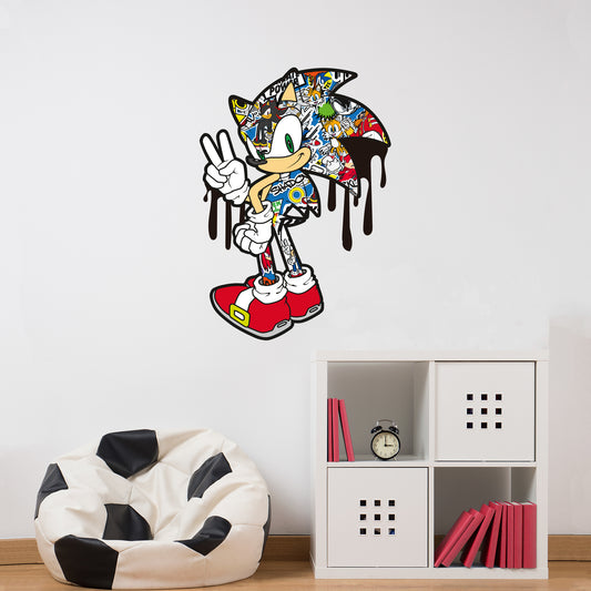 Sonic The Hedgehog Wall Sticker - Sonic Peace Pose Dripping Graffiti Wall Art