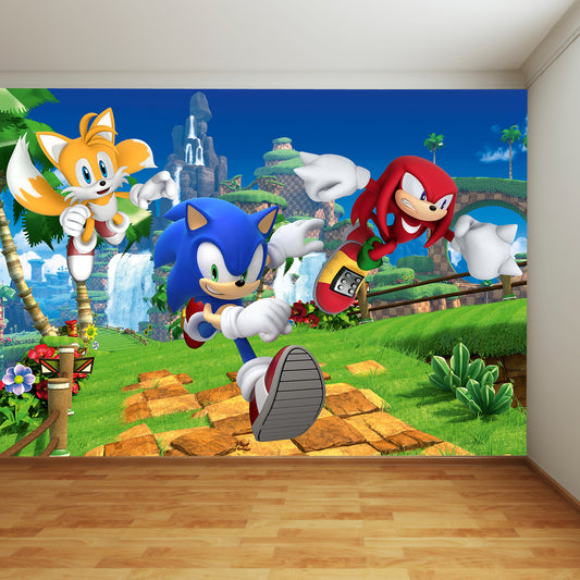 Sonic The Hedgehog Full Wall Mural - Sonic Running with Tails and Knuckles Wall Art