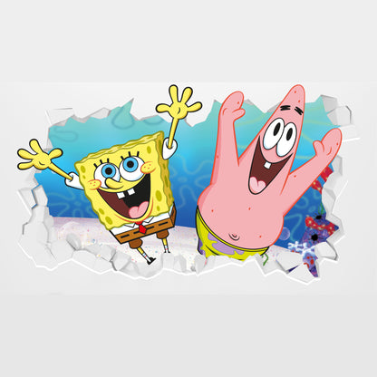 SpongeBob Wall Sticker - SpongeBob and Patrick Jumping Through Broken Wall Art