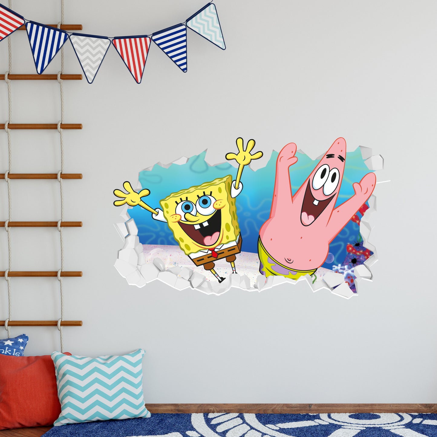 SpongeBob Wall Sticker - SpongeBob and Patrick Jumping Through Broken Wall Art