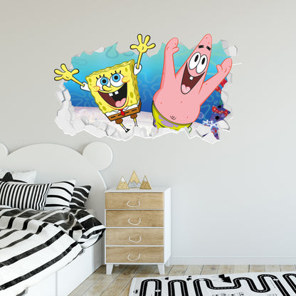 SpongeBob Wall Sticker - SpongeBob and Patrick Jumping Through Broken Wall Art