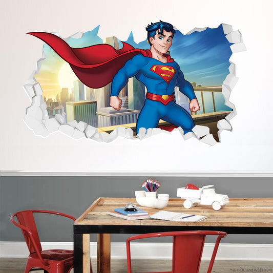 Superman Wall Sticker - Flying Over City Broken Wall Decal DC Superhero Art