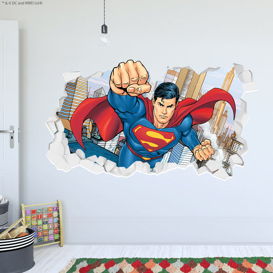 Superman Wall Sticker - Flying Through Broken Wall Decal DC Superhero Art