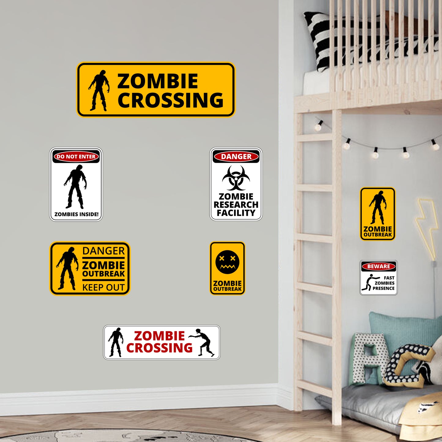 Warning Sign Wall Sticker - Danger Zombie Crossing Sign Set Decal Wall Art