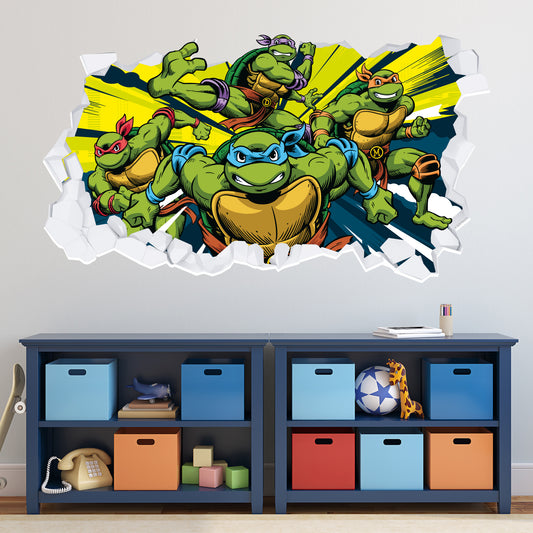 Teenage Mutant Ninja Turtles Wall Sticker - Group Bursting Through Broken Wall Decal World of TMNT Art