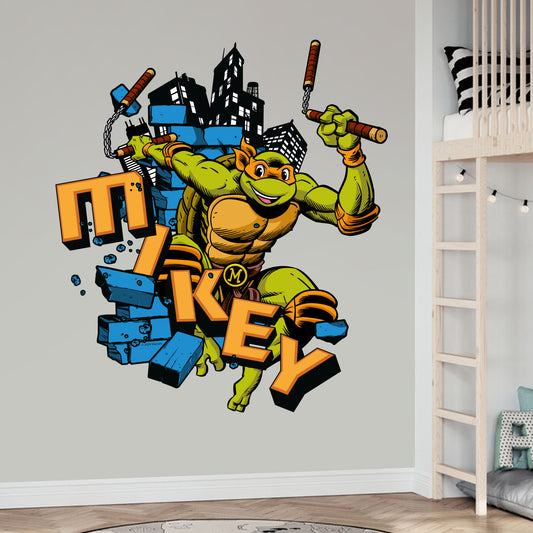 Teenage Mutant Ninja Turtles Wall Sticker - Mikey Jumping Through Bricks Decal TMNT Art