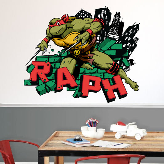 Teenage Mutant Ninja Turtles Wall Sticker - Raph Jumping Through Bricks Decal World of TMNT Art