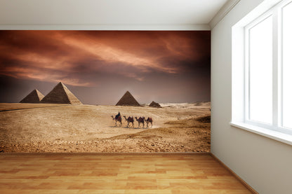 Pyramids of Giza and Camels Egypt Wall Mural