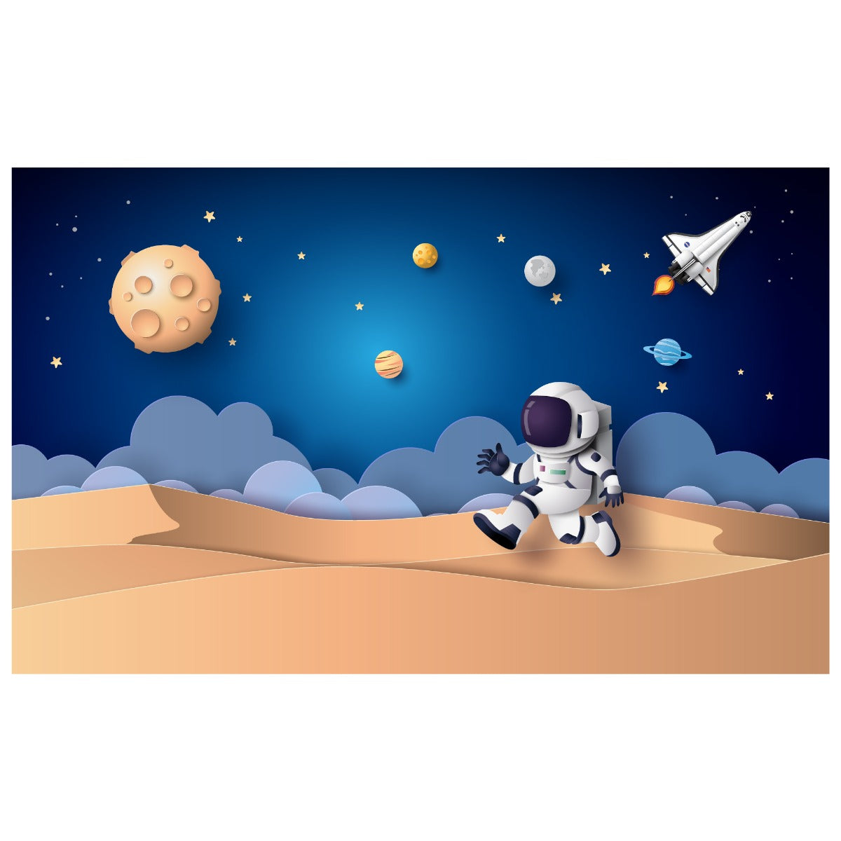 Space Wall Mural - Cartoon Astronaut Jumping on Planet Full Wall Mural