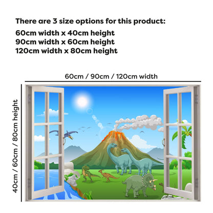 Dinosaur Wall Sticker - Cartoon Dinosaur Land with Erupting Volcano Window Wall